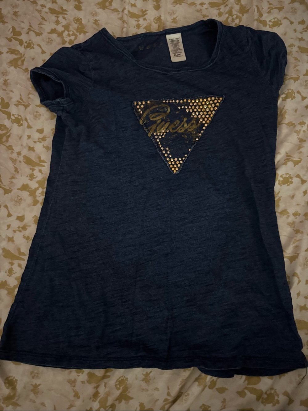 Guess Navy Short Sleeve Tee with Gold Studded Triangle Logo
